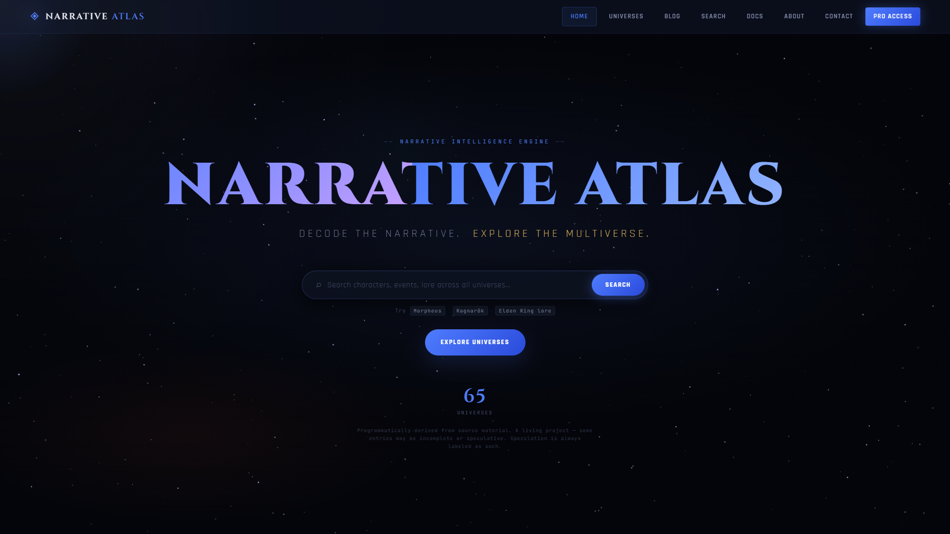 Narrative Atlas Studio hero screen showing the starfield background and Narrative Intelligence Engine headline