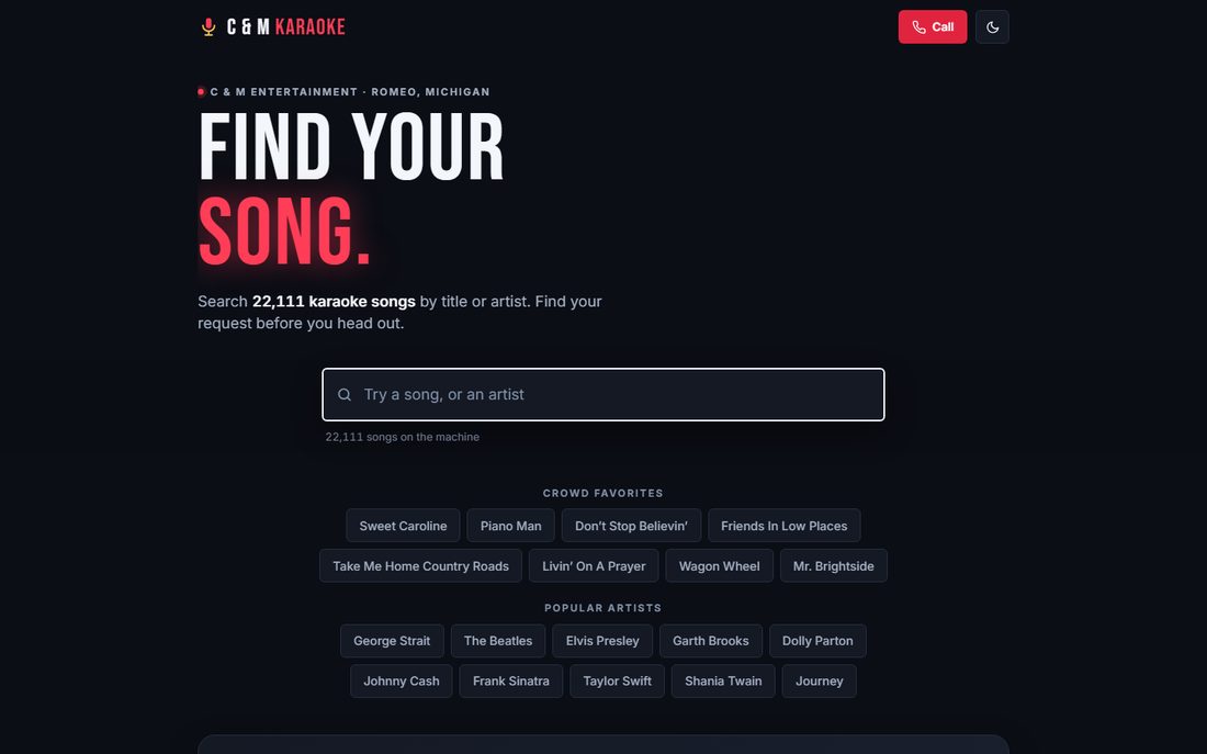The C & M Karaoke song search homepage, with a search box and crowd favorite songs