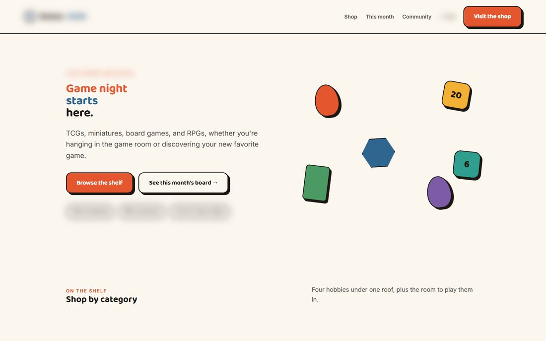 Design study for a game store: a bright homepage reading Game night starts here, with floating dice and game pieces