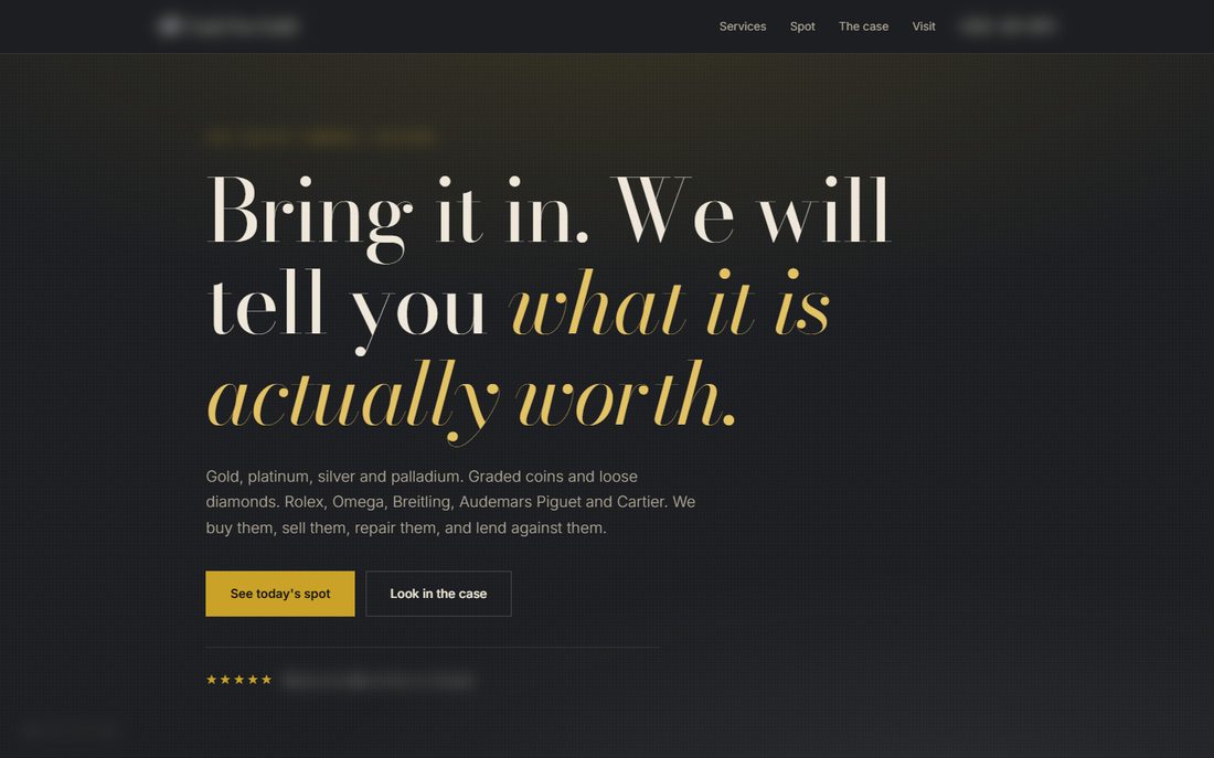 Design study for a gold and jewelry buyer: a dark, gold-accented homepage reading Bring it in, we will tell you what it is actually worth
