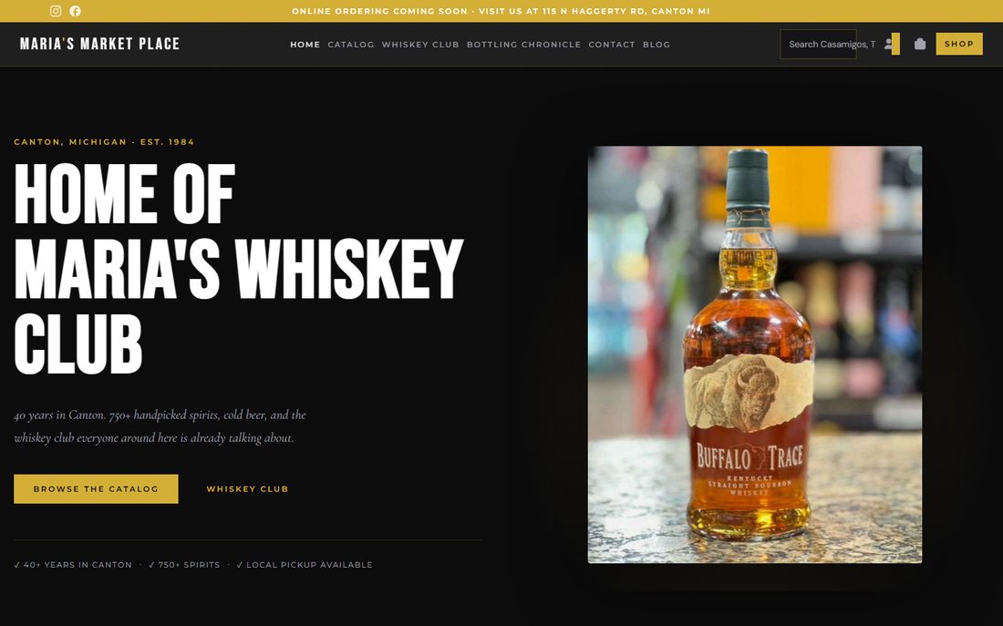 The Maria's Market Canton storefront homepage, showing the whiskey club hero